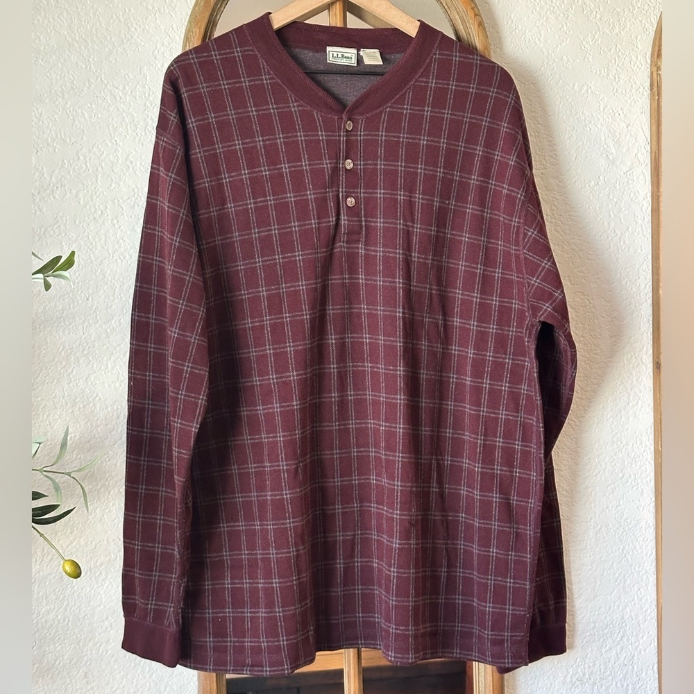 L.L. Bean Vintage Made in USA Burgundy Windowpane Plaid Henley Shirt XL